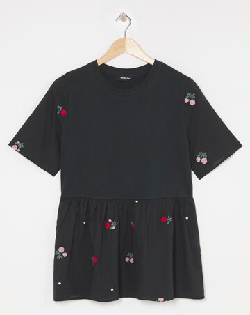 Simply Be Embroidered Red Floral Jersey Lightweight Poplin Mix Top