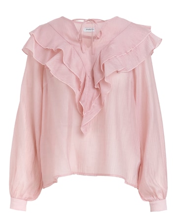 Blush Ruffle Sheer V Neck Blouse with Tie Neck Detailing