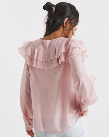 Blush Ruffle Sheer V Neck Blouse with Tie Neck Detailing