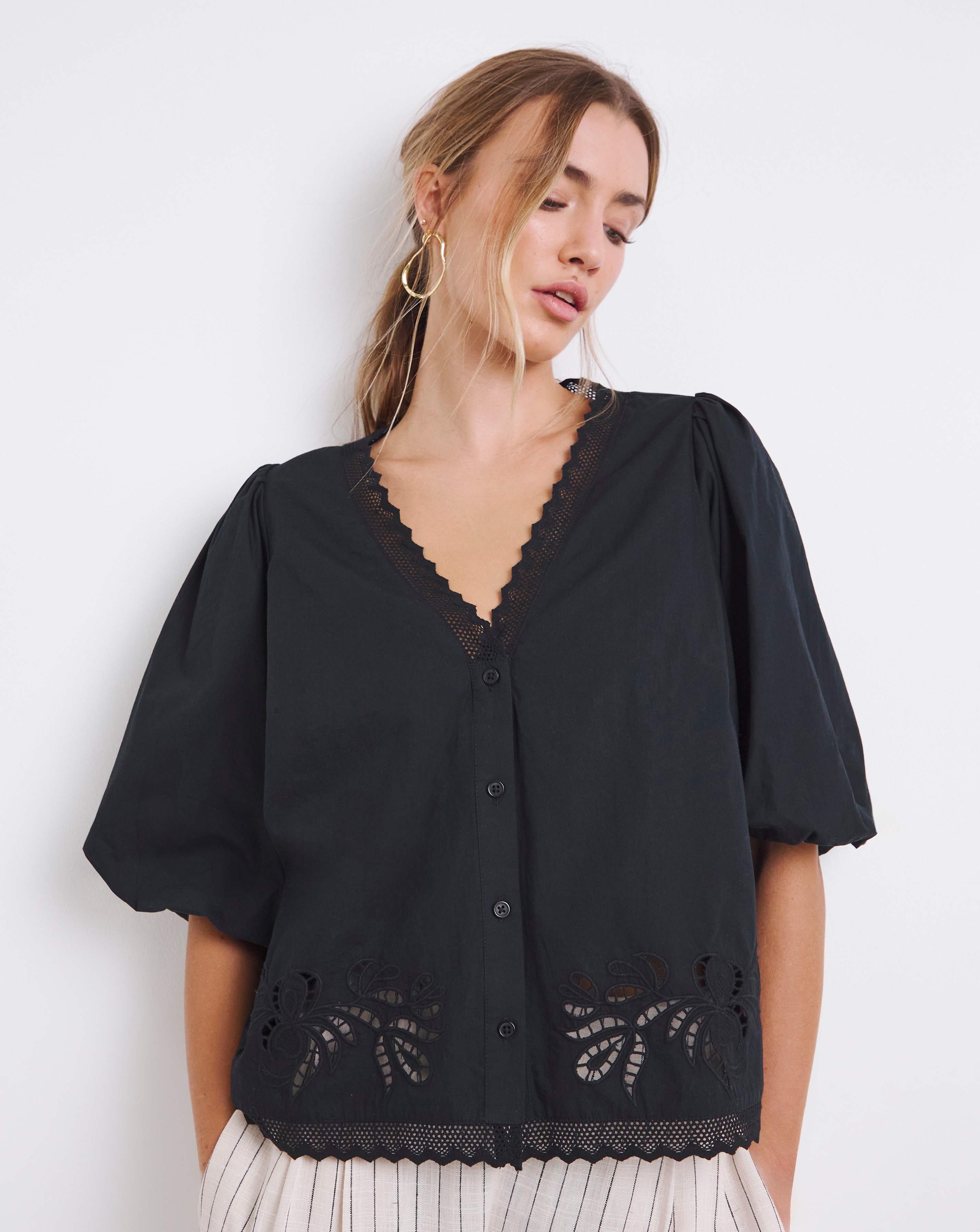 Black Broderie Cutwork Blouse