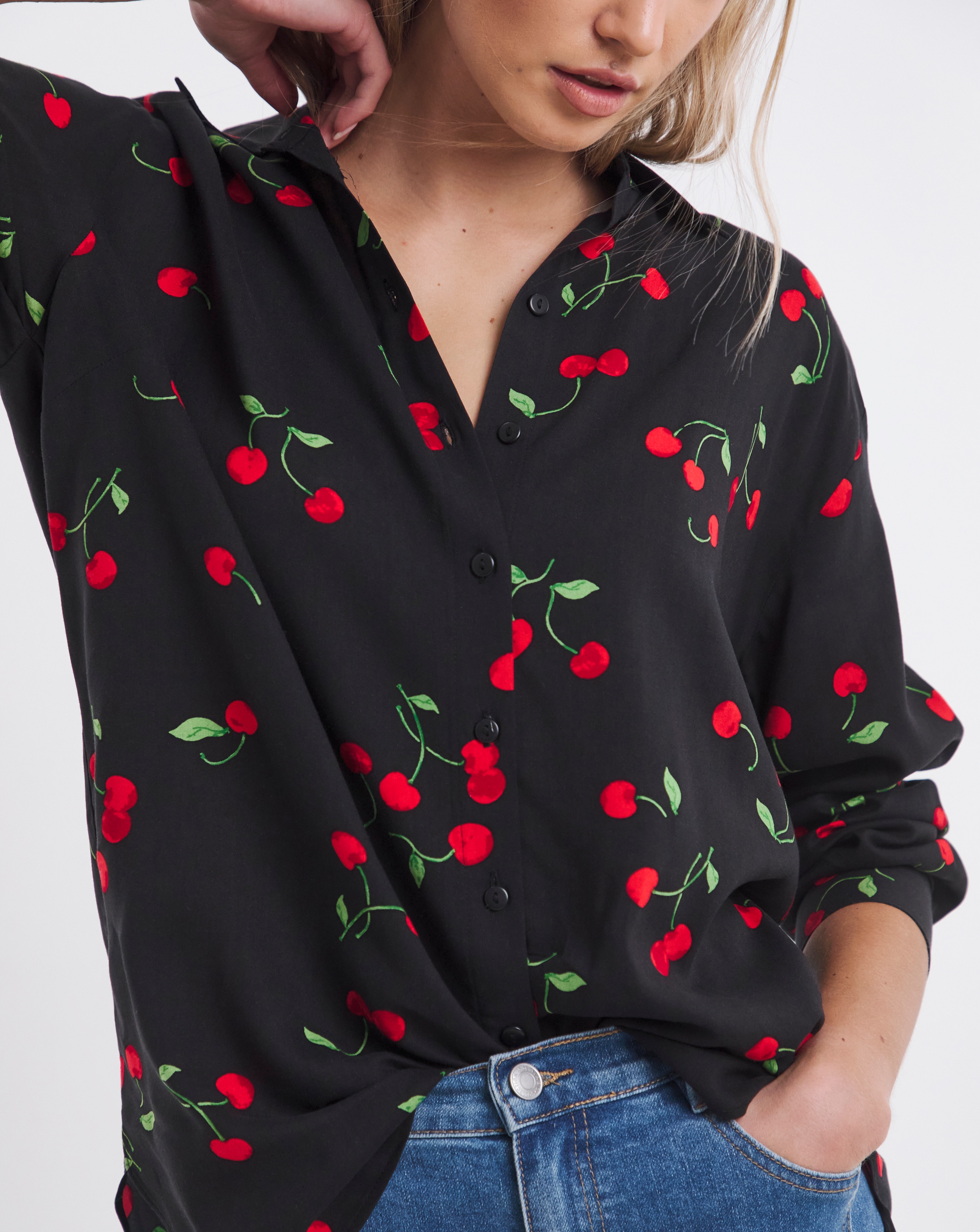 Cherry Long Sleeve Viscose Relaxed Shirt