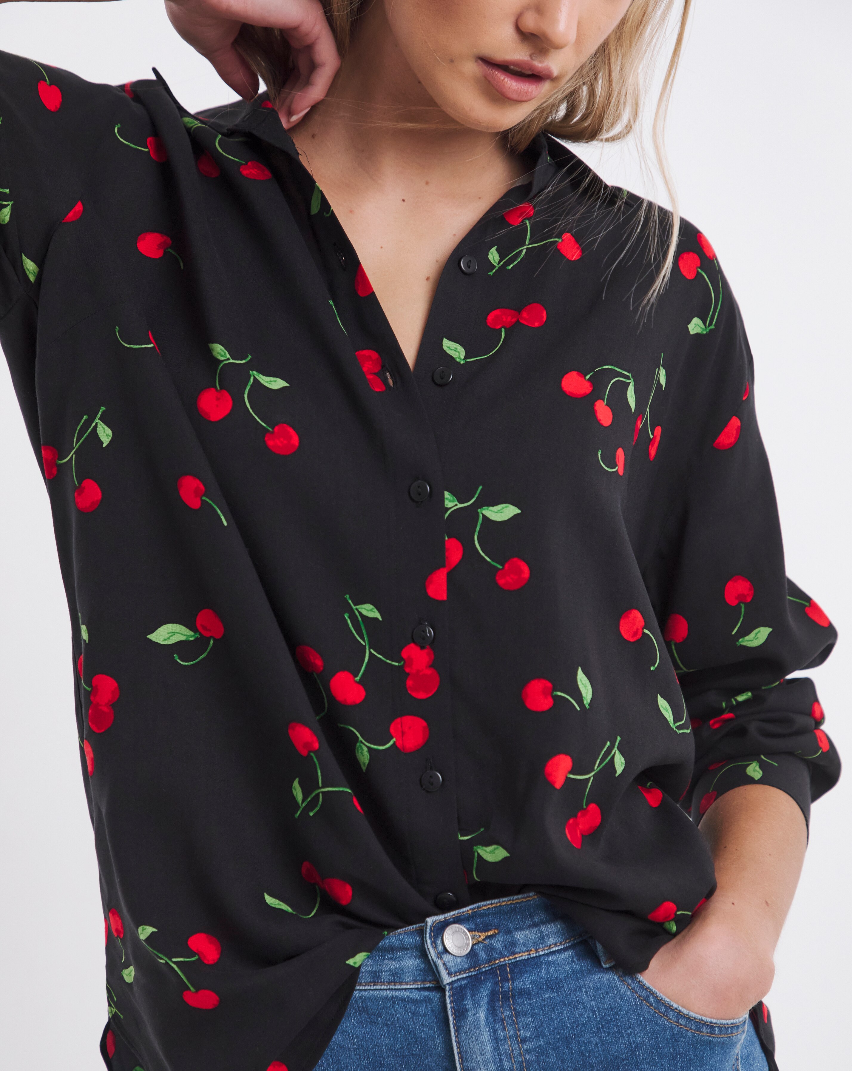 Simply Be Cherry Print Long Sleeve Viscose Relaxed Shirt