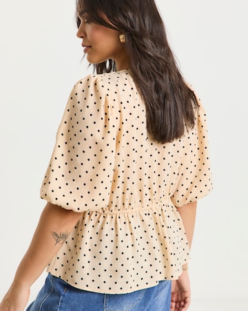 Spot Print Button Through Peplum Blouse