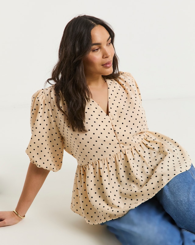 Spot Print Button Through Peplum Blouse