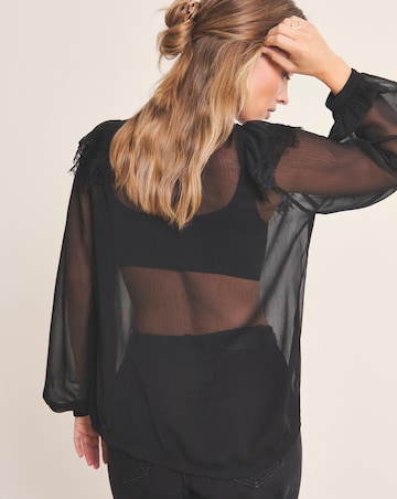 Simply Be Black Sheer Button Through Tuxedo Detail Blouse