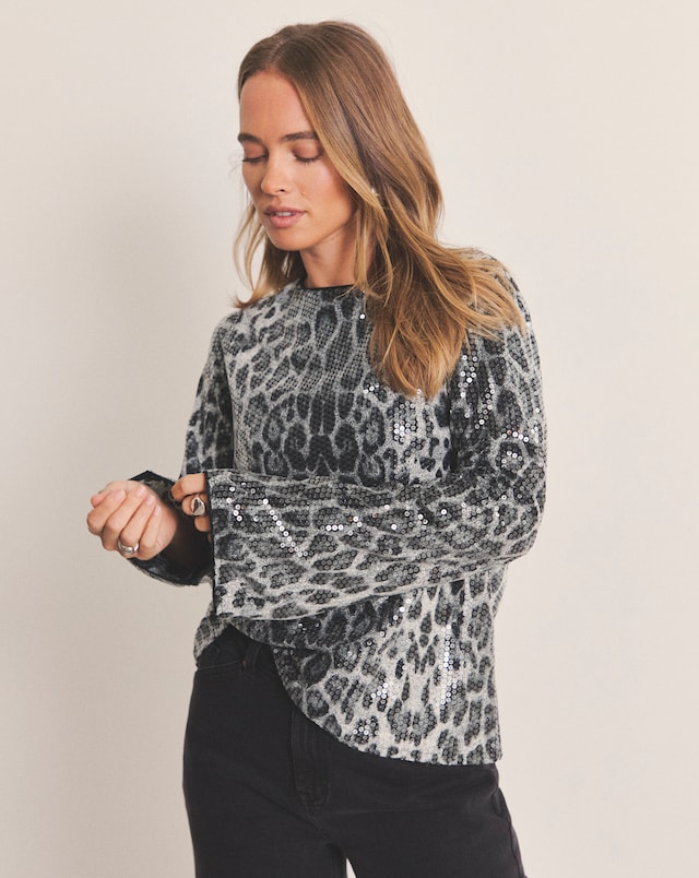 Simply Be Leopard Printed Sequin Round Neck Blouse