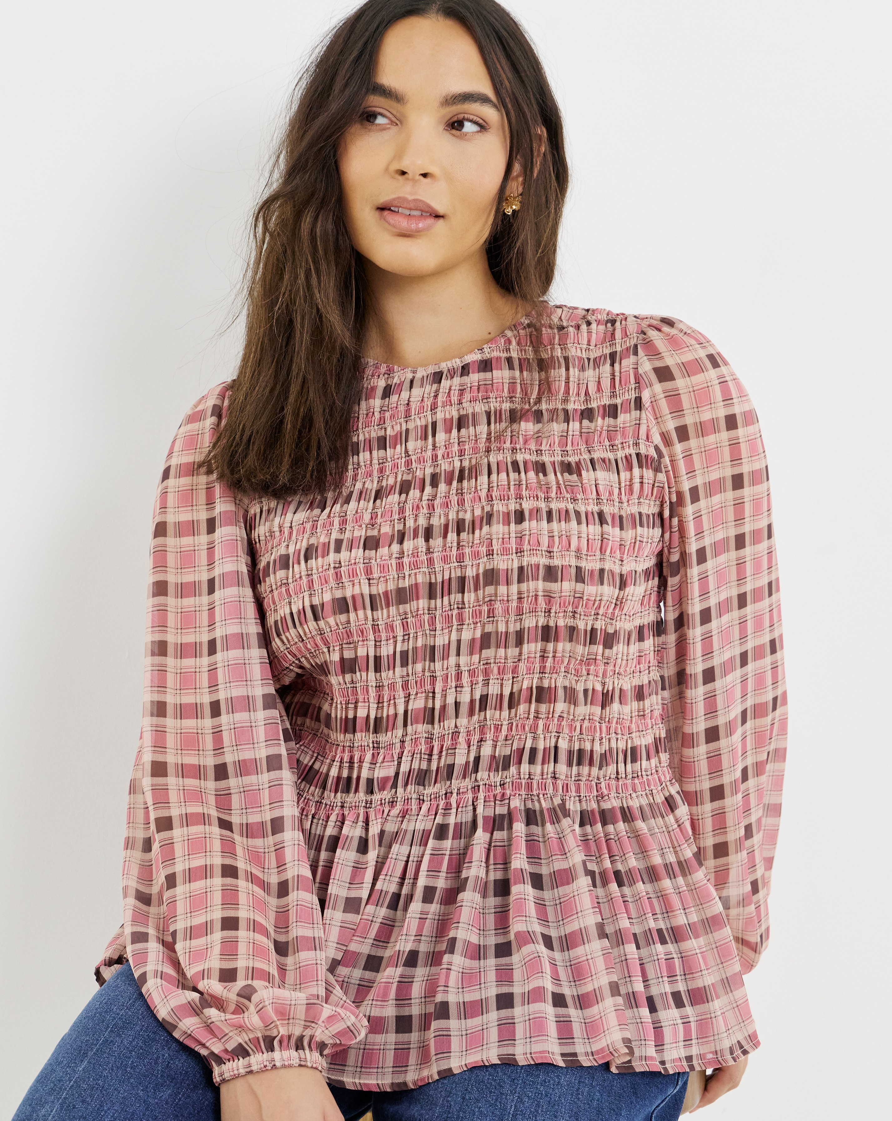 New In - Simply Be Pink Check Puff Sleeve Shirred