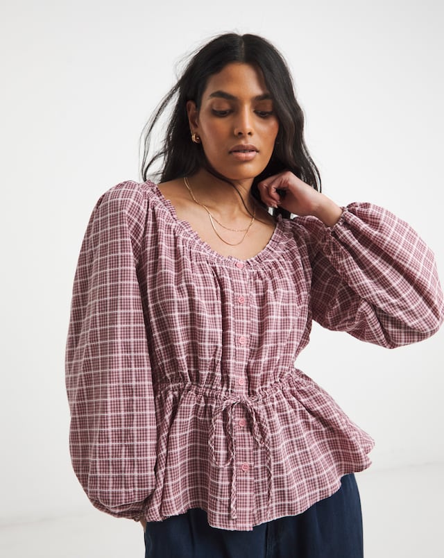 Square Neck Puff Sleeve Prairie Blouse - Pink Check