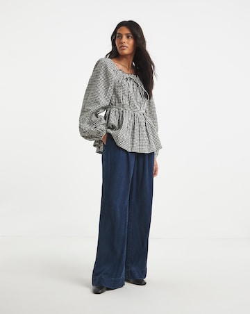 Seersucker Gingham Square Neck Blouse