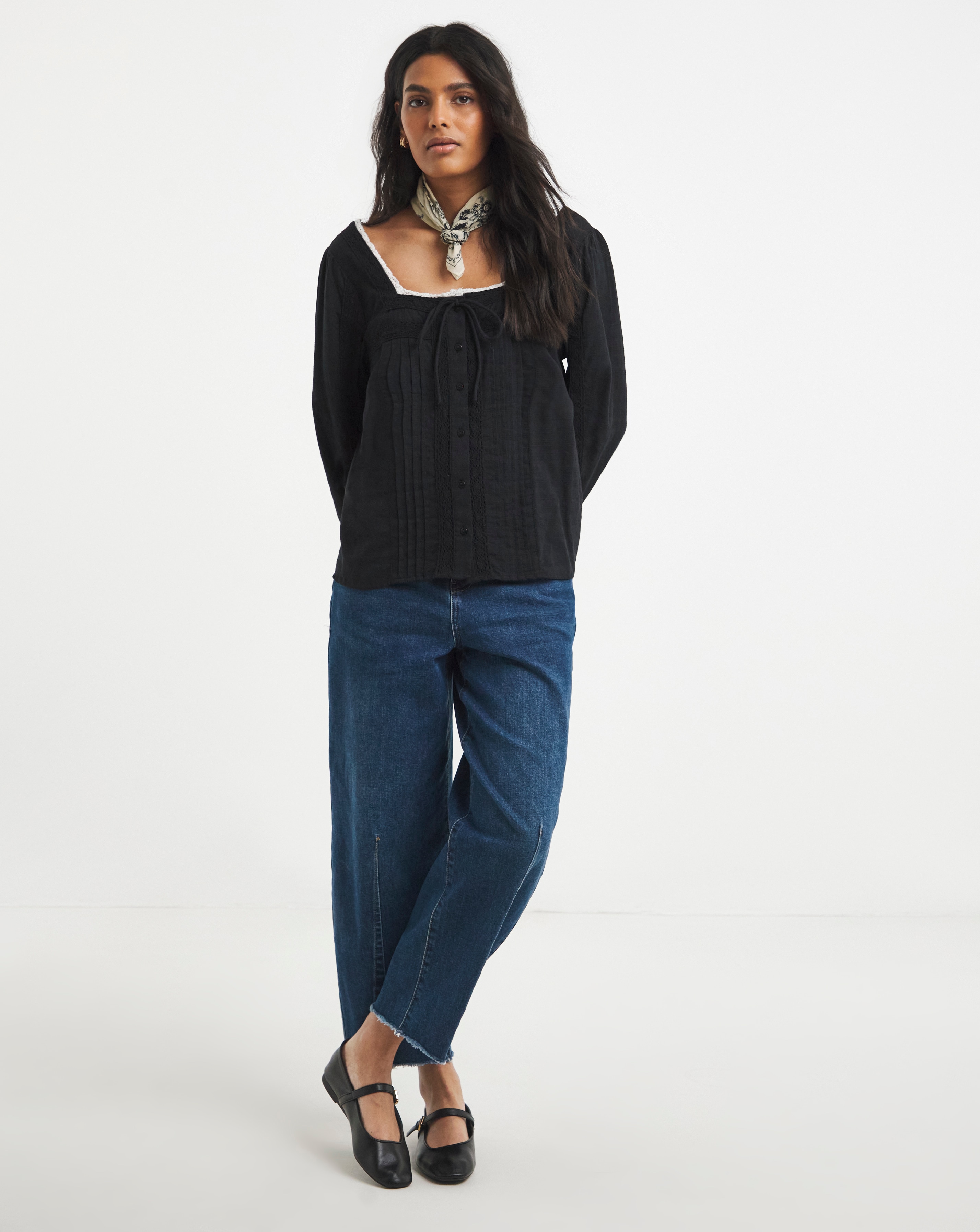 Simply Be Black Square Neck Lace Trim Blouse | JD Williams