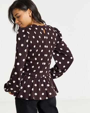 Simply Be Chocolate Spot Shirred Long Sleeve Top