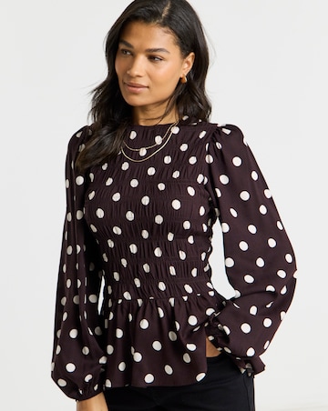 Simply Be Chocolate Spot Shirred Long Sleeve Top