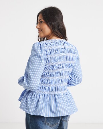 Blue Stripe Decorative Cotton Smocking Striped Poplin Blouse