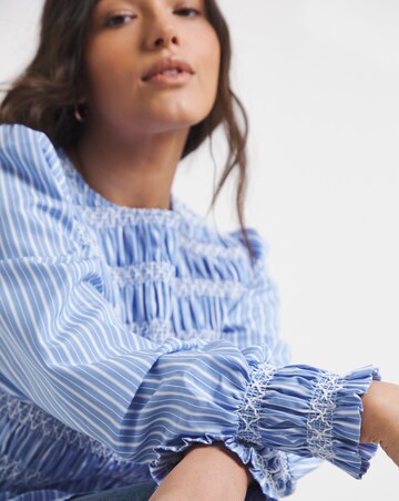 Blue Stripe Decorative Cotton Smocking Striped Poplin Blouse