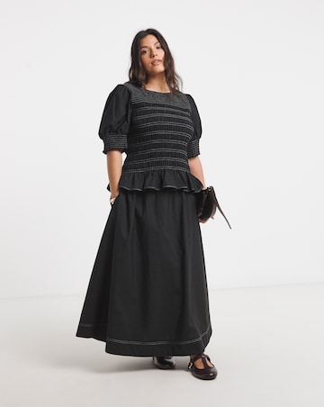 Black Smocked Poplin Blouse