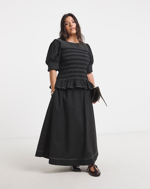 Simply Be Black Shirred Short Sleeve Poplin Blouse