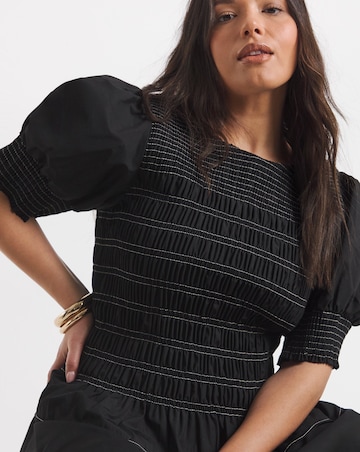 Black Smocked Poplin Blouse