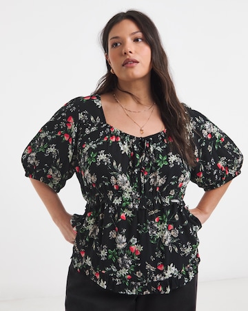 Black Floral Crinkle Blouse