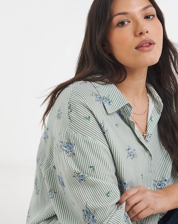 Stripe Linen Mix Gathered Sleeve Boxy Shirt