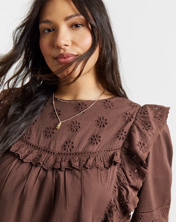 Brown Broderie Yoke Blouse