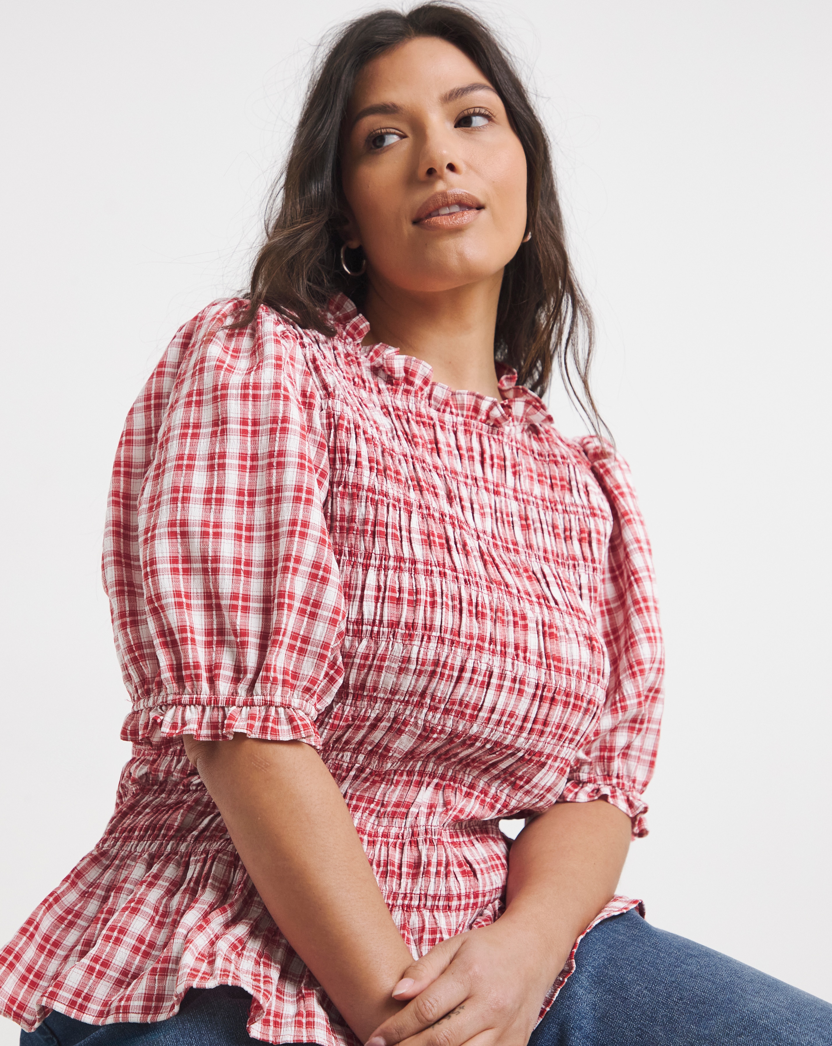 New In - Red Check Peplum Blouse