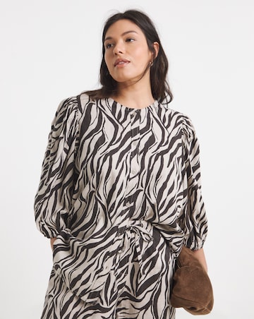 Zebra Puff Sleeve Button Down Linen Mix Top