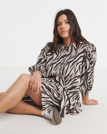 Zebra Puff Sleeve Button Down Linen Mix Top