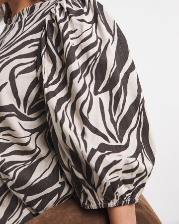 Zebra Puff Sleeve Button Down Linen Mix Top