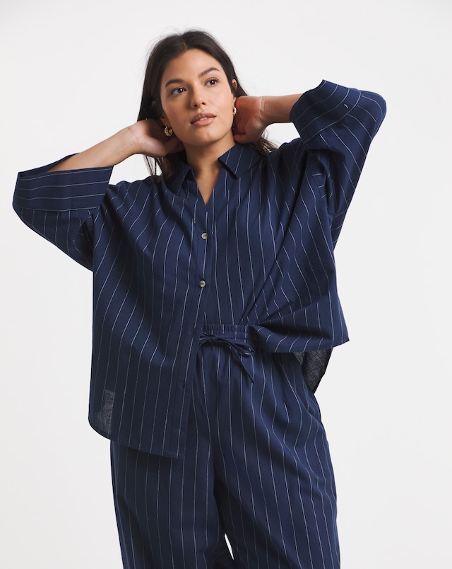 Simply Be Navy Pinstripe Wide Cuff Boxy Shirt