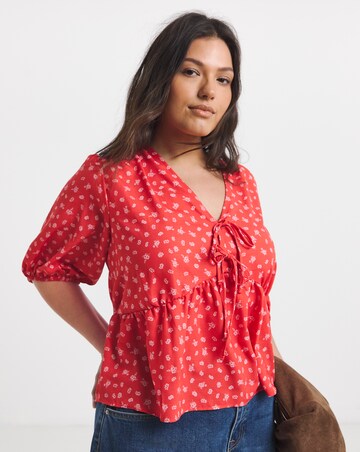 Red Print Poly Slub Tea Blouse