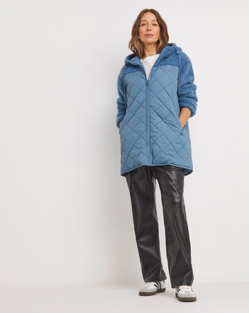 Blue Hooded Lined Borg Quilted Jacket