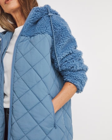 Blue Hooded Lined Borg Quilted Jacket