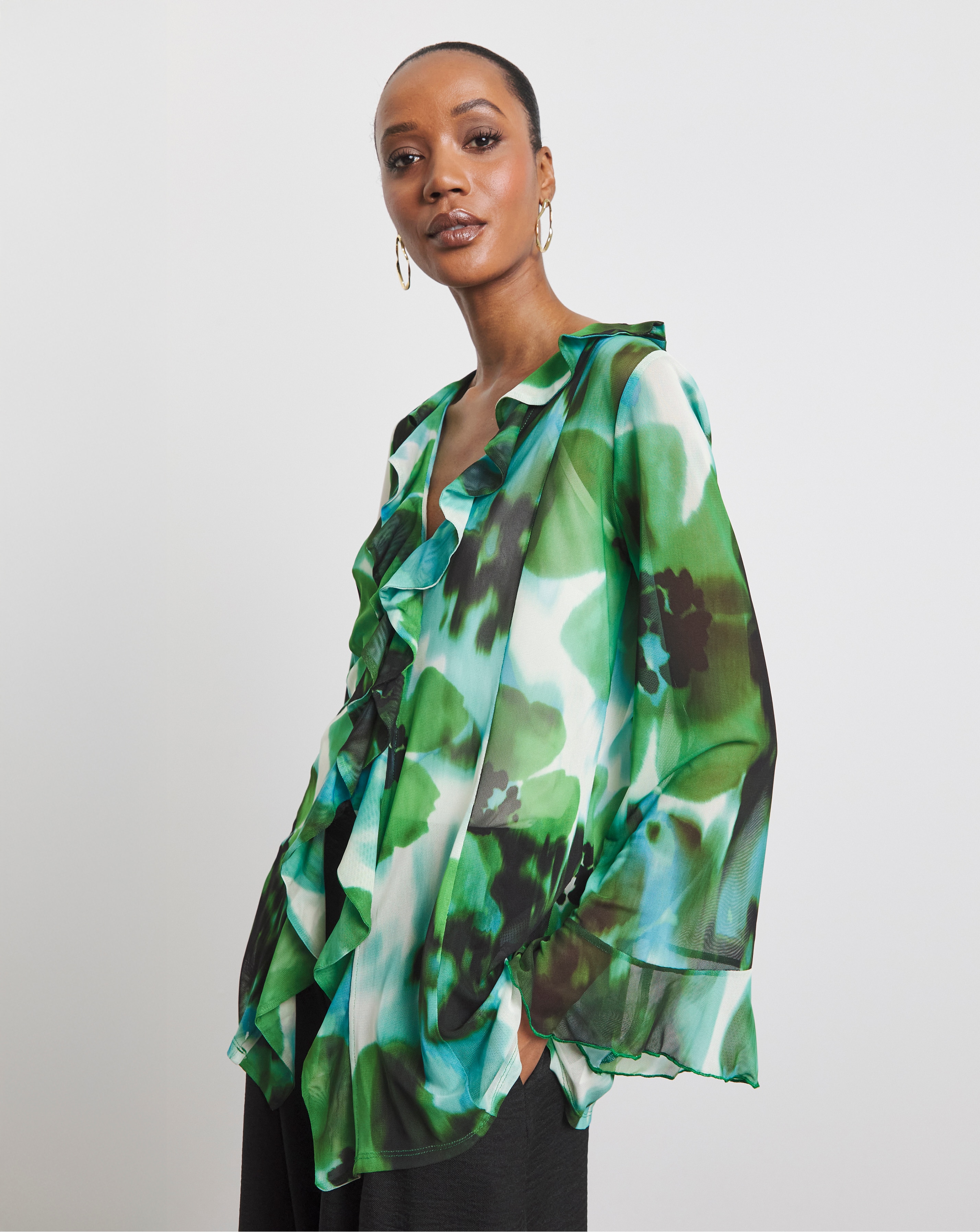 Joanna Hope Mesh Ruffle Blouse