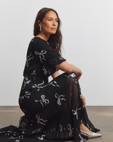 Joanna Hope Lurex Bow Dress With Sheer Skirt