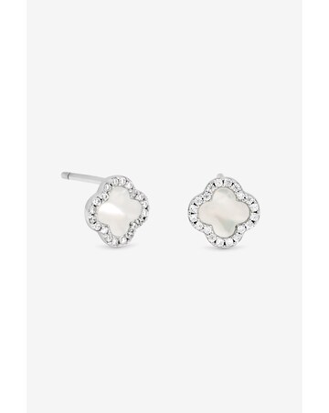 Simply Silver 925 Sterling Silver Pave Mother Of Pearl Clover Stud Earrings