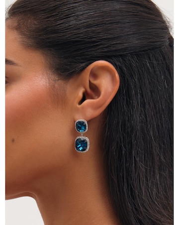 Jon Richard Rhodium Plated And Sapphire Double Drop Halo Earrings