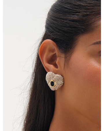 Mood Gold Plated Pave And Jet Stone Heart Stud Earrings