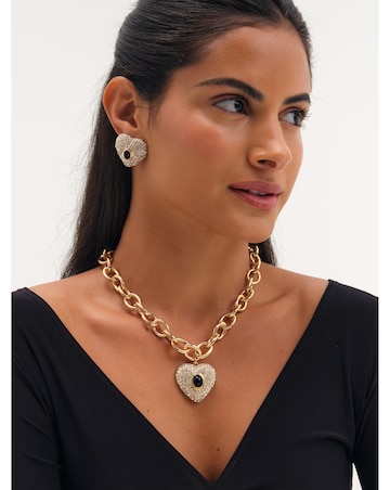 Mood Gold Plated Pave And Jet Stone Heart Stud Earrings