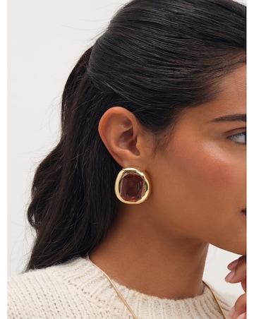 Mood Gold Plated And Burgundy Stone Statement Stud Earrings
