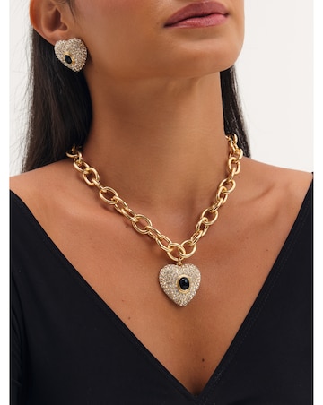 Mood Gold Plated Pave And Jet Stone Heart Chain Necklace