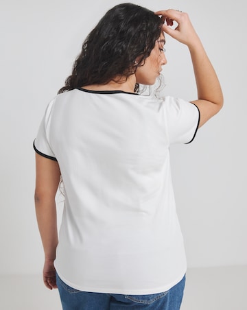 White & Black Contrast Trim Notch Neck T-Shirt