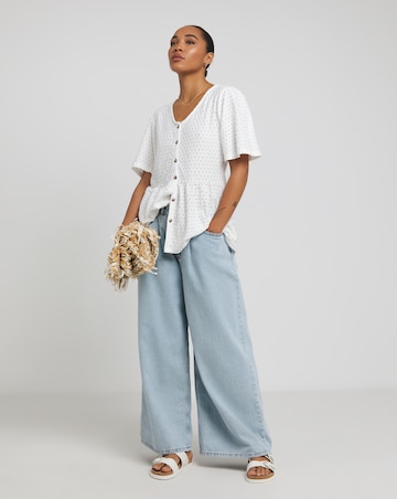 Ivory Broderie Button Through Peplum Hem Top