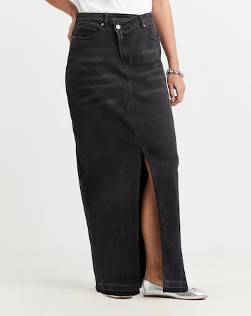 Black Let Down Hem Maxi Denim Skirt