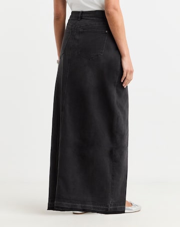 Black Let Down Hem Maxi Denim Skirt