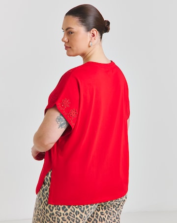 Simply Be Red Broderie Grown On Sleeve T-Shirt