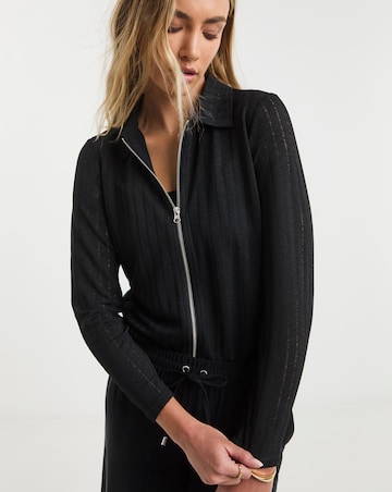 Simply Be Black Long Sleeve Textured Zip Through Top