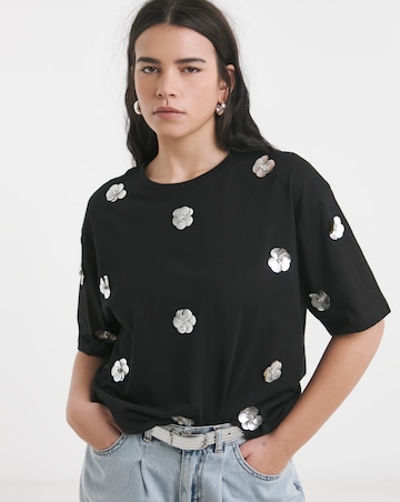 Simply Be Black Embellished Flower T-Shirt