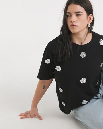 Simply Be Black Embellished Flower T-Shirt