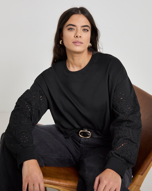 Simply Be Black Cut Work Detail Sleeve Sweatshirt