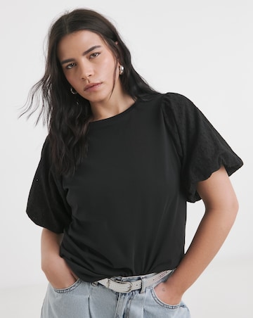 Simply Be Black Broderie Sleeve Crew Neck T-Shirt